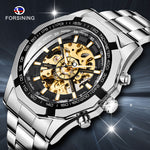 Forsining Brand Silver & Gold Luxury Stainless Steel Waterproof Mens Skeleton Watches Transparent Mechanical Male Wrist Watch