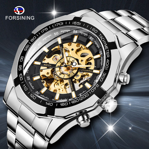 Forsining Brand Silver & Gold Luxury Stainless Steel Waterproof Mens Skeleton Watches Transparent Mechanical Male Wrist Watch