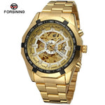 Forsining Brand Silver & Gold Luxury Stainless Steel Waterproof Mens Skeleton Watches Transparent Mechanical Male Wrist Watch