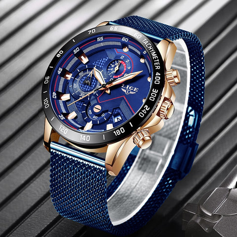 LIGE azul Casual malla Correa moda cuarzo oro reloj para hombre relojes marca superior reloj impermeable de lujo