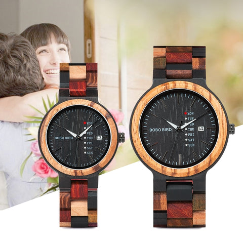 BOBO BIRD P14  Wood Watch Lover Couple Watches Men Women Quartz Week Date Timepiece Colorful Wooden Band logo Customize Gitfs